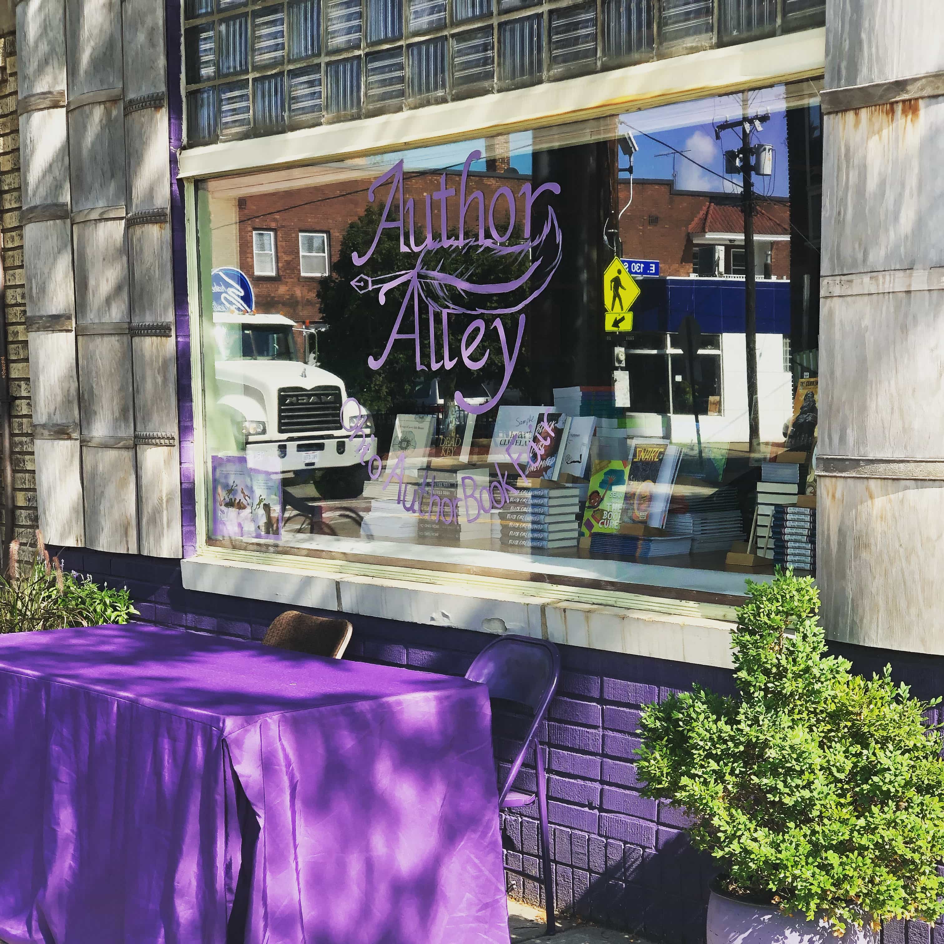 Front window of Loganberry Books, decorated for Author Alley