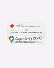 Sticker with image of Google review reading "ok bookstore. pushing the woke agenda." by Raz Krislov