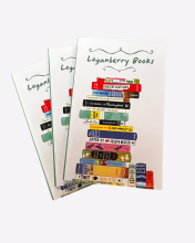 Notebook with text reading LOGANBERRY BOOKS and illustration of a stack of classic novels
