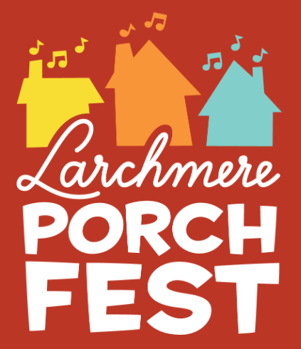 Logo for Porch Fest featuring three houses with musical notes