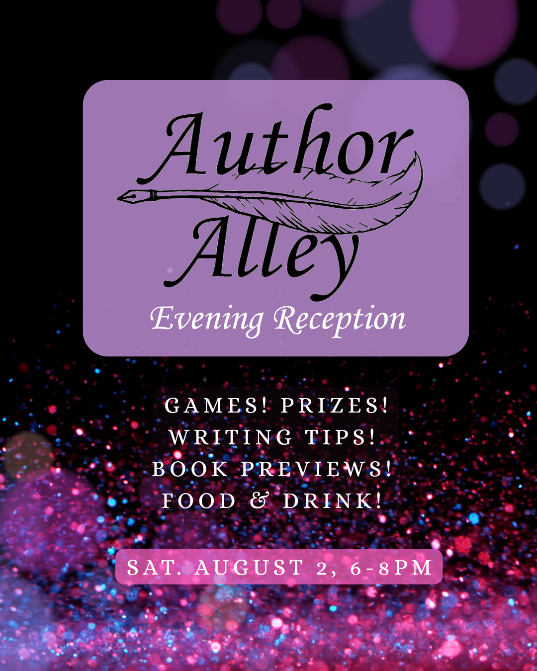 Author Alley reception graphic with purple and pink glitter