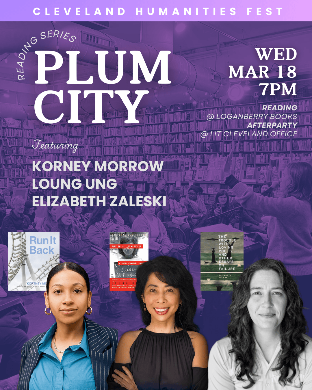 Headshots of Korney Morrow, Loung Ung, and Elizabeth Zaleski. 