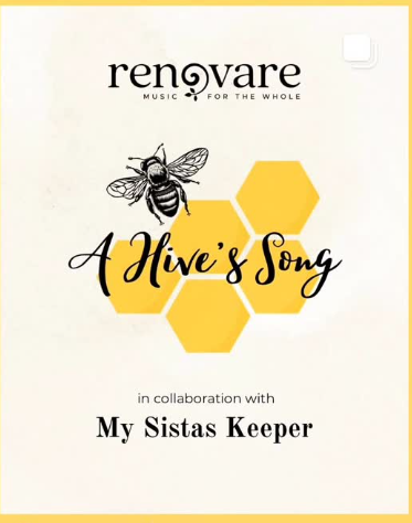 Honeycomb graphic and bee drawing with event info text